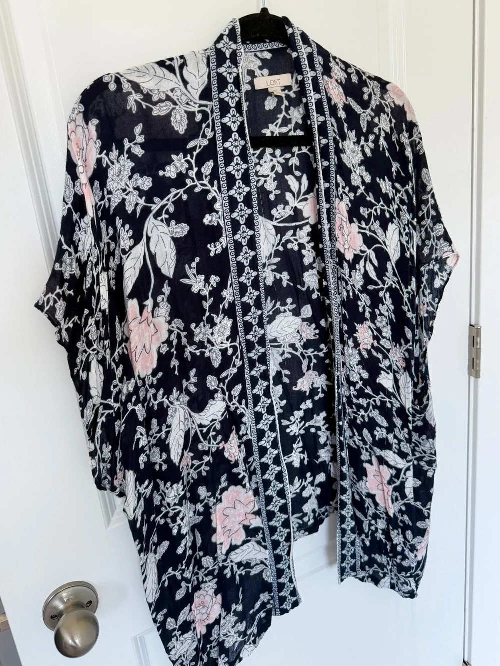 LOFT Black Floral Open-Front Kimono with Pink and White Blooms